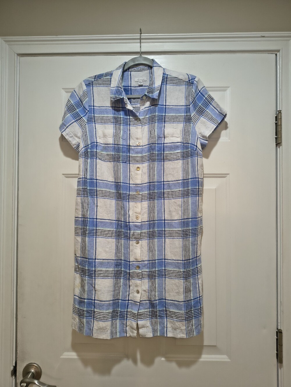 J. Jill Blue and White Plaid Short-Sleeve Button-Down Shirt Dress Medium